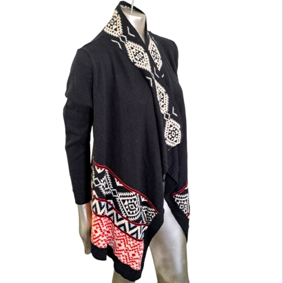 🪻BOGO🪻 PINK ROSE Boho Waterfall Open Front‎ Cardigan Southwest Black Pink - Picture 1 of 13